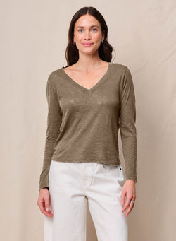 Supima Cotton Slub Jersey Long Sleeve V-Neck in Bay Leaf