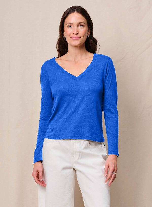 Supima Cotton Slub Jersey Long Sleeve V-Neck in Cobalt
