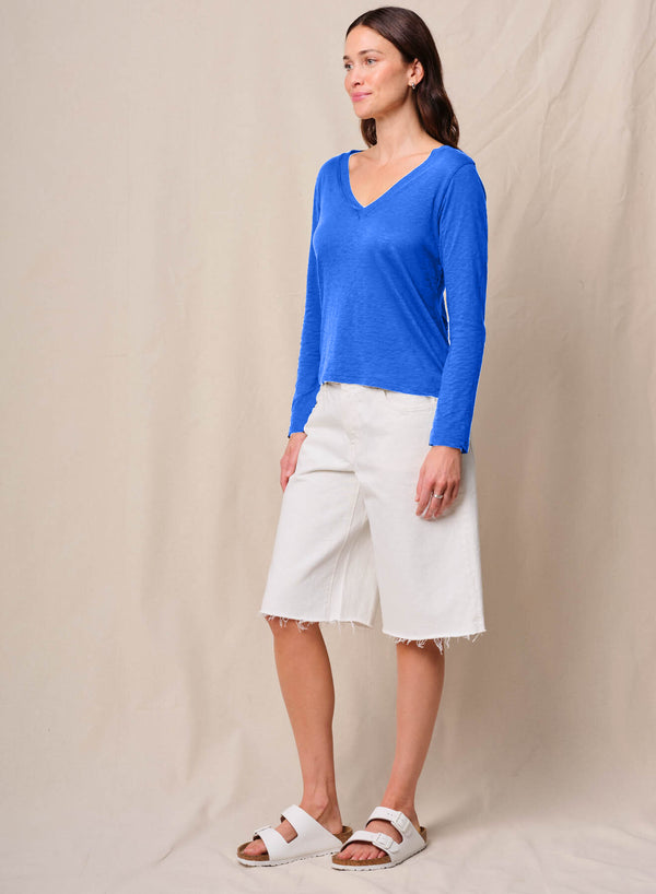 Supima Cotton Slub Jersey Long Sleeve V-Neck in Cobalt