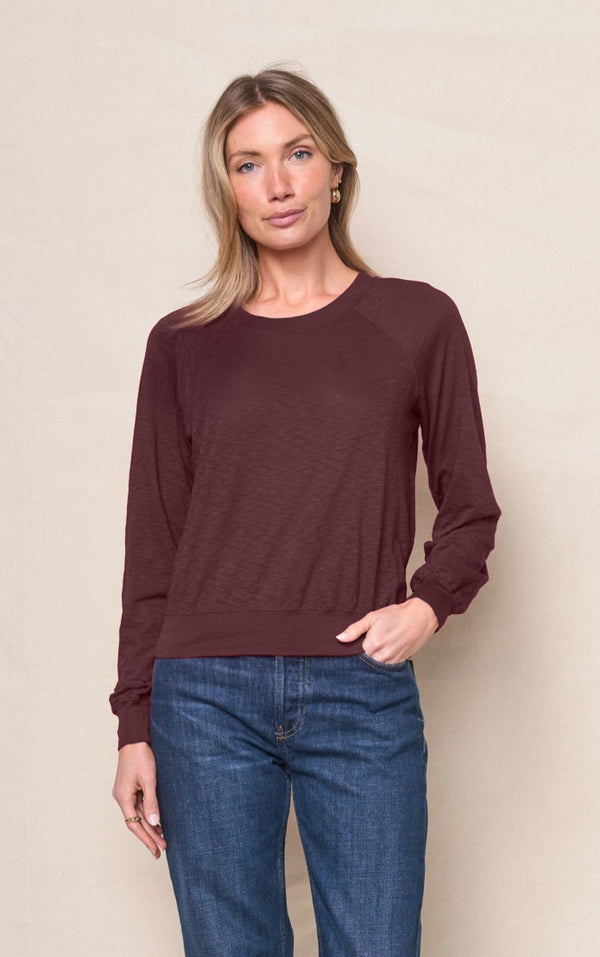 Supima Slub Jersey Raglan Sweatshirt Tee in Cabernet