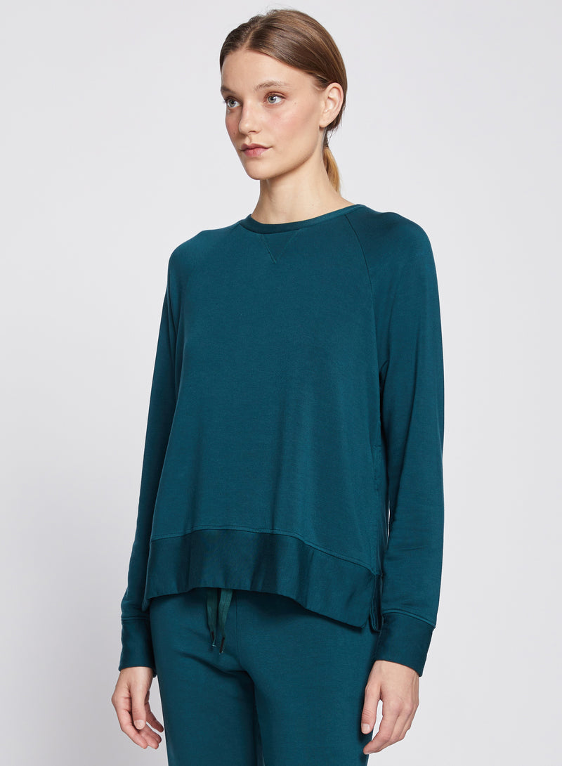 Softest Fleece Raglan Side Slit Sweatshirt in Evergreen
-3/4 side view