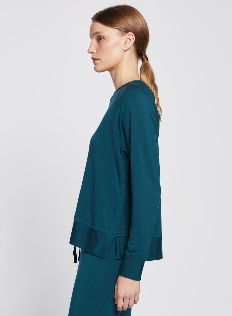 Softest Fleece Raglan Side Slit Sweatshirt in Evergreen
-side view 3/4 