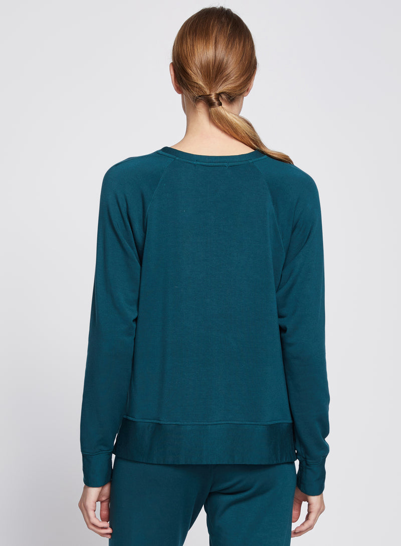 Softest Fleece Raglan Side Slit Sweatshirt in Evergreen
-3/4 back view