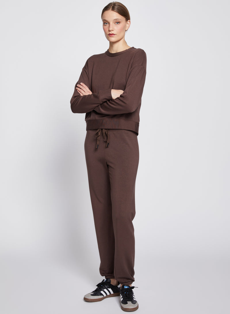 Softest Fleece Crew Neck Pullover in Espresso-full view front 