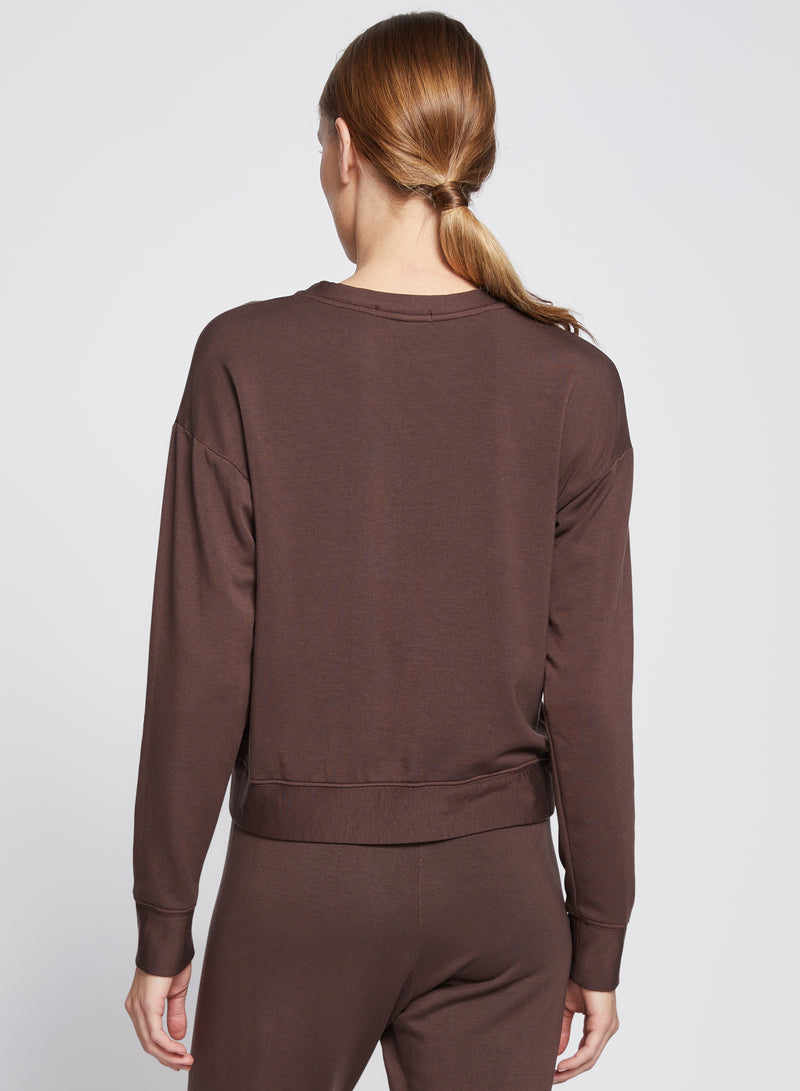 Softest Fleece Crew Neck Pullover in Espresso-3/4 back view