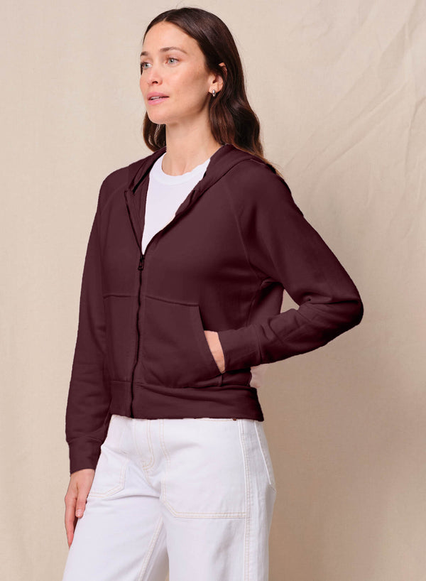 Softest Fleece Raglan Hood Zip Up in Cabernet
