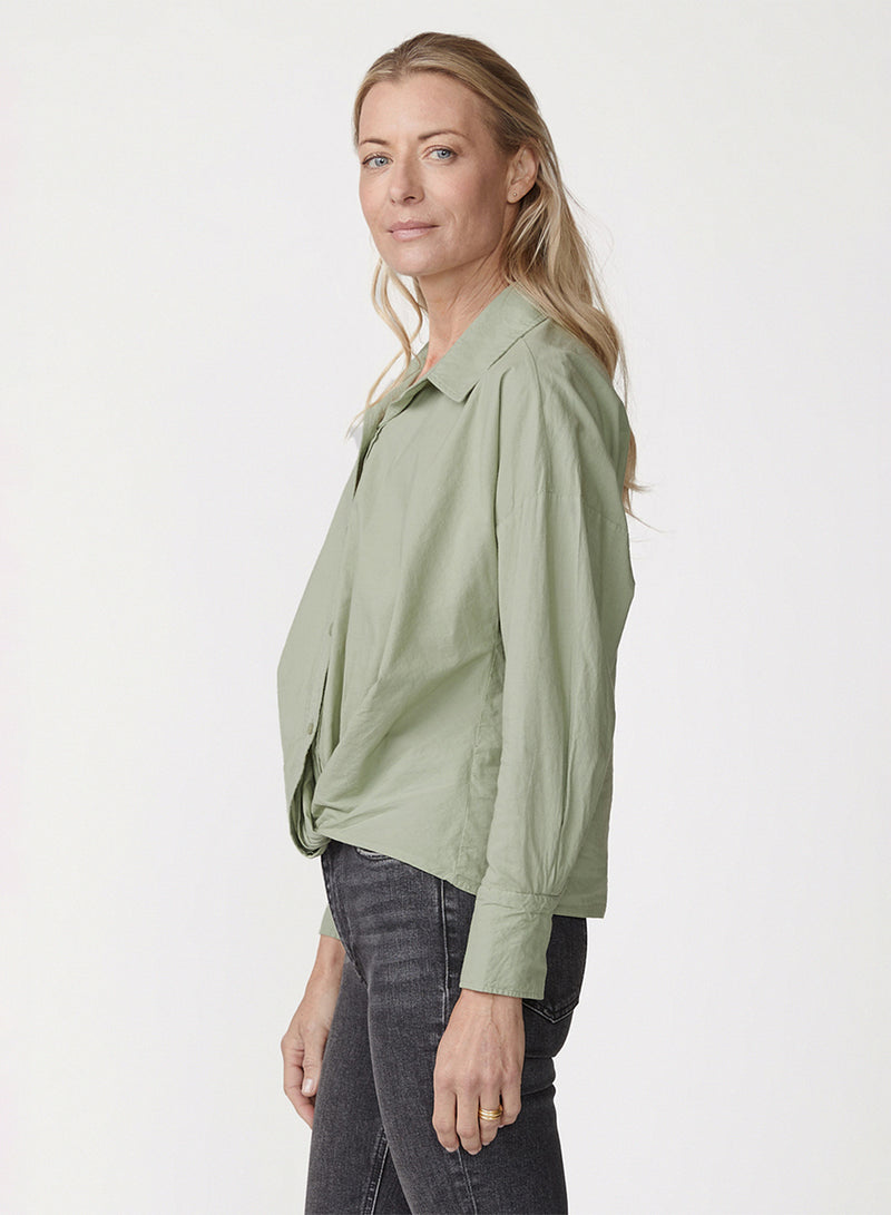 Voile Long Sleeve Front Twist Shirt in Fern