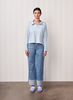 Cloud Cotton Jersey Johnny Collar Tee in Dove Blue