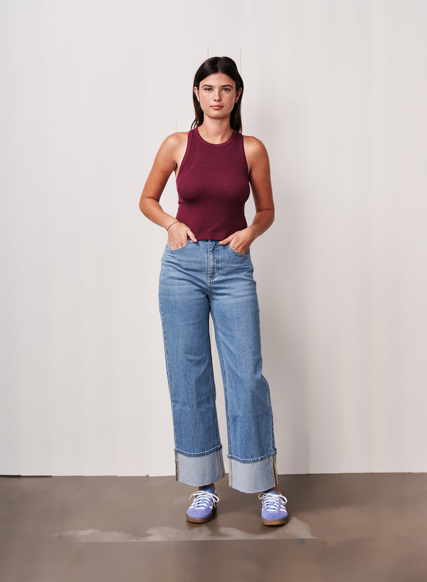 Fine 2X1 Rib Cropped High Neck in Cassis