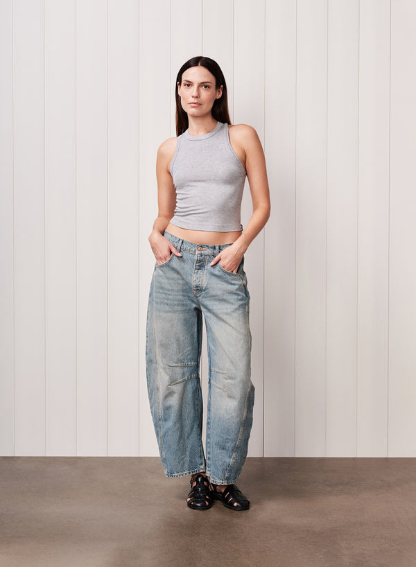 Fine 2X1 Rib Cropped High Neck in Heather Grey