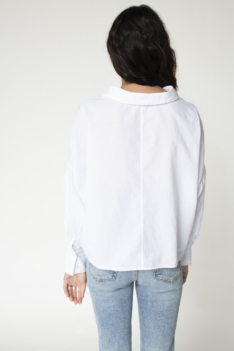 white poplin long sleeve twist front shirtVoile Long Sleeve Front Twist Button Up Shirt in White