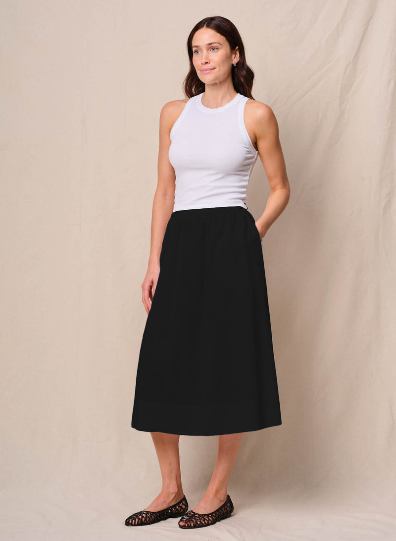 Voile Ribbed Waist Midi Skirt in Black
