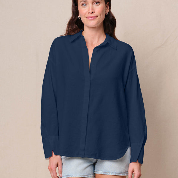 Linen Oversized Shirt in New Navy – shopstateside.us