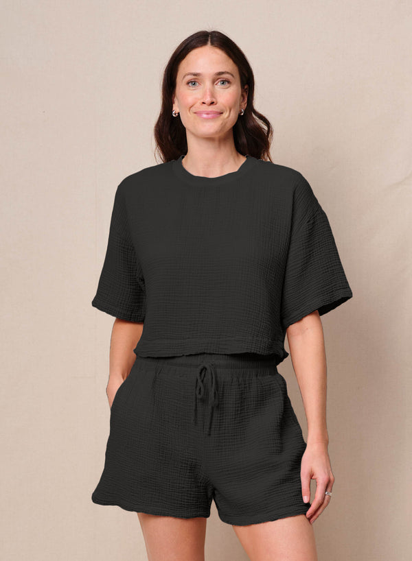 Gauze Boxy Top in Black