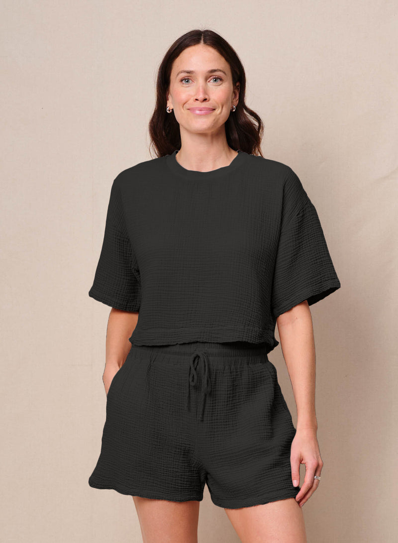 Gauze Boxy Top in Black