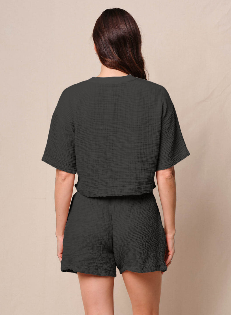 Gauze Boxy Top in Black