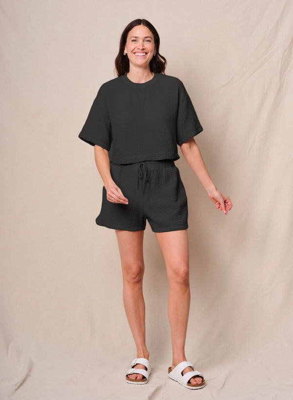 Gauze Boxy Top in Black