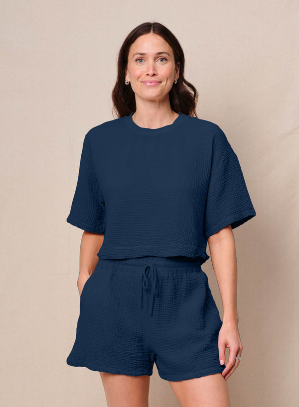 Gauze Boxy Top in New Navy