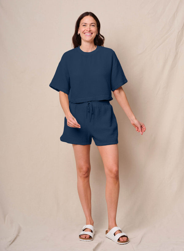 Gauze Boxy Top in New Navy