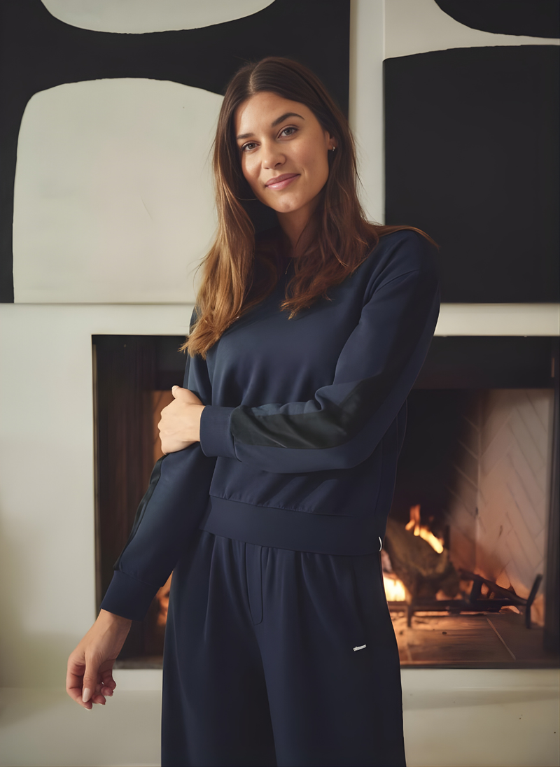 Softest Fleece Satin Trimmed Pullover in New Navy