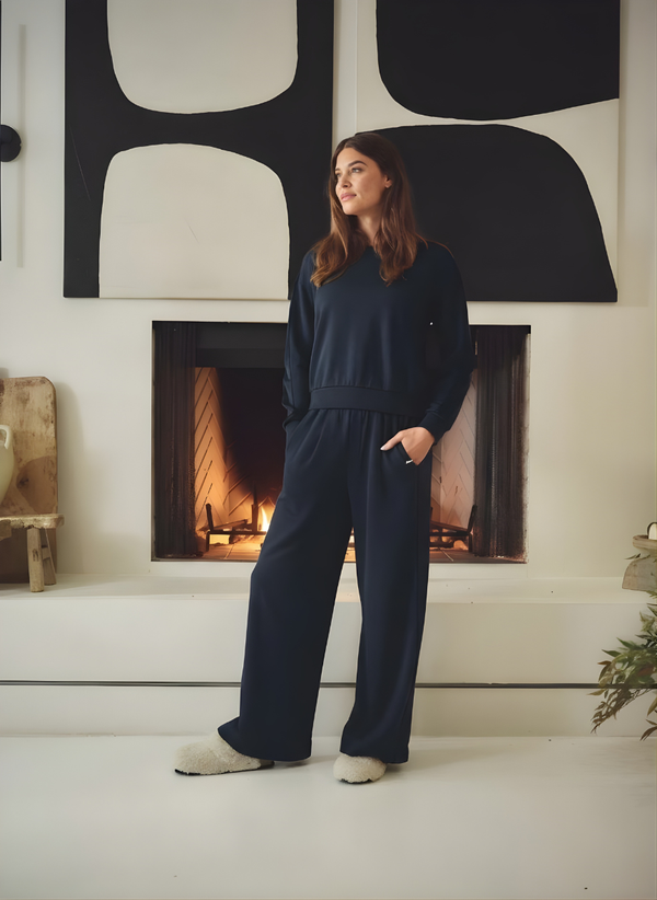 Softest Fleece Satin Trimmed Wide Leg Pant in New Navy