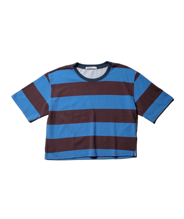 Wide Stripe Pique Short Sleeve Boxy Crew in Cabernet/Blue Topaz
