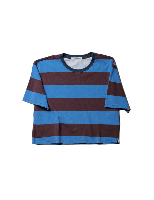 Wide Stripe Pique Short Sleeve Boxy Crew in Cabernet/Blue Topaz