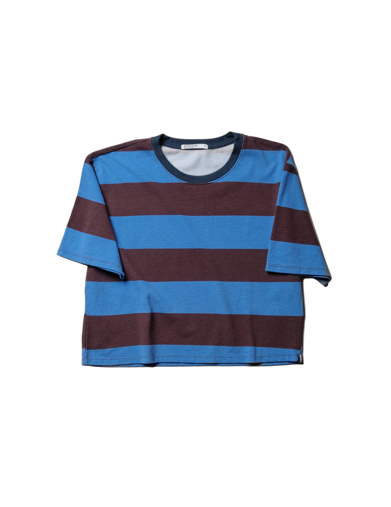 Wide Stripe Pique Short Sleeve Boxy Crew in Cabernet/Blue Topaz