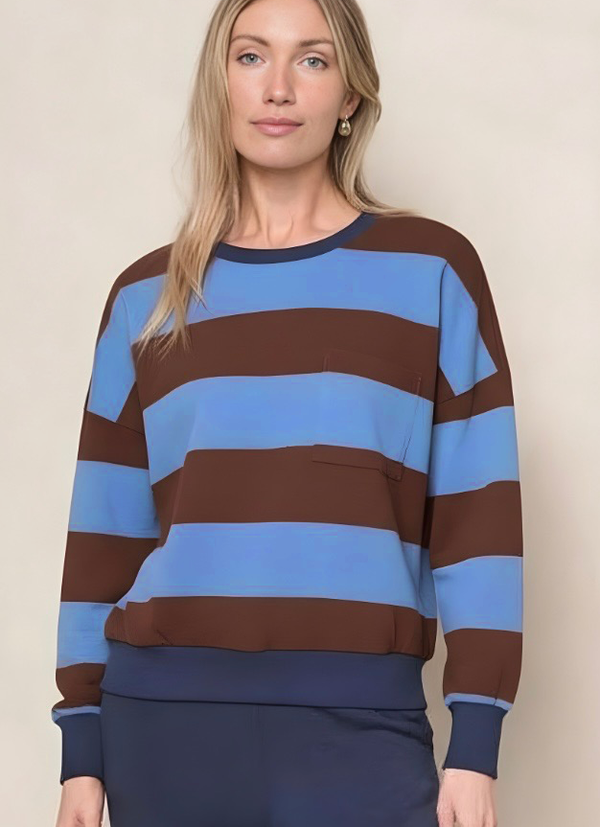 Wide Stripe Pique Oversized Sweatshirt Tee in Cabernet/Blue Topaz