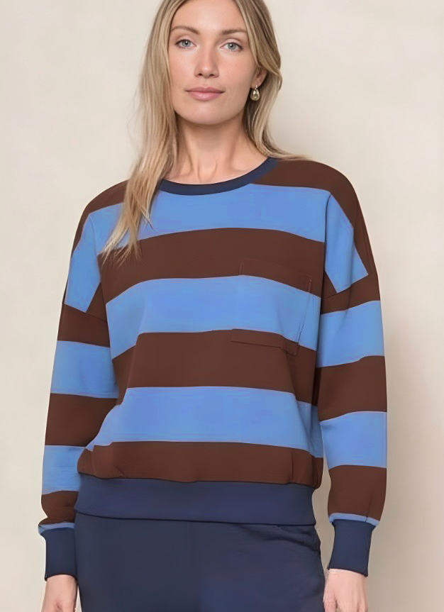 Wide Stripe Pique Oversized Sweatshirt Tee in Cabernet/Blue Topaz