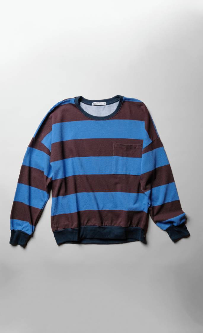 Wide Stripe Pique Oversized Sweatshirt Tee in Cabernet/Blue Topaz