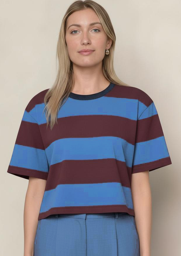 Wide Stripe Pique Short Sleeve Boxy Crew in Cabernet/Blue Topaz