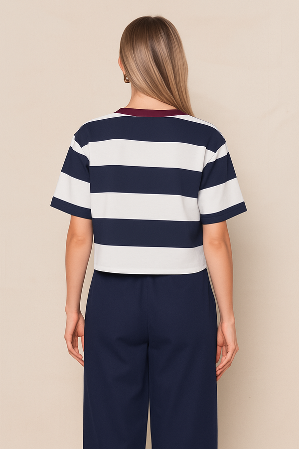 Wide Stripe Pique Short Sleeve Boxy Crew in New Navy/Cream