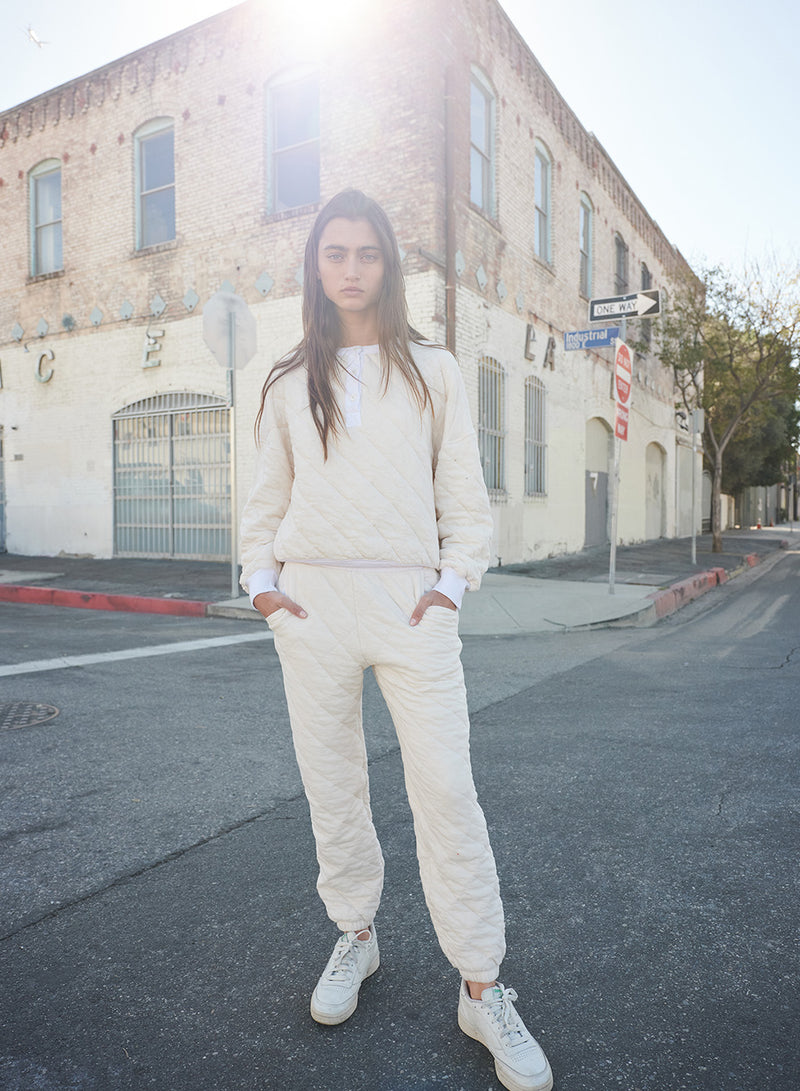 Quilted Oversized Henley Pullover in Cream-full body exposed