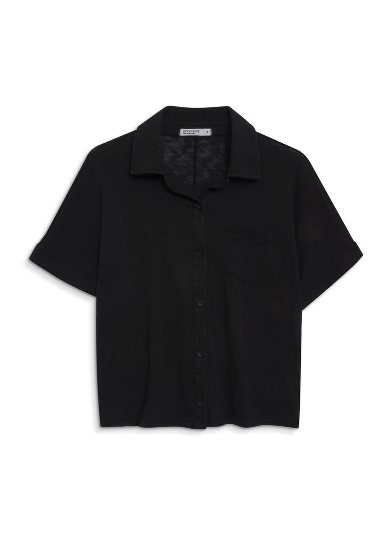 Supima Slub Short Sleeve Pocket Shirt in Black - front flat lay