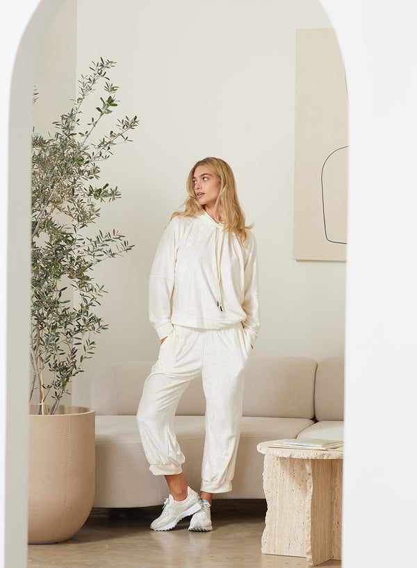 Stateside Bamboo Velour Hoodie in Cream - front view