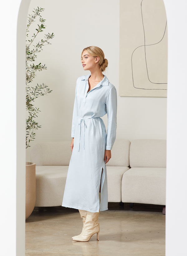 Viscose Satin Henley Maxi Dress in Winter Sky