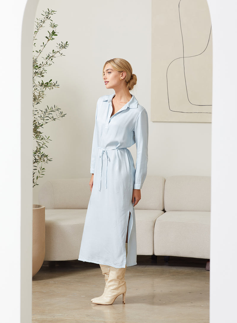 Viscose Satin Henley Maxi Dress in Winter Sky - L - Shop Stateside Dresses | Modern Comfort. Luxe Fabrics. Soft Elegance. Viscose Satin Henley Maxi Dress in Winter Sky - L - Shop Stateside Dresses | Modern Comfort. Luxe Fabrics. Soft Elegance.