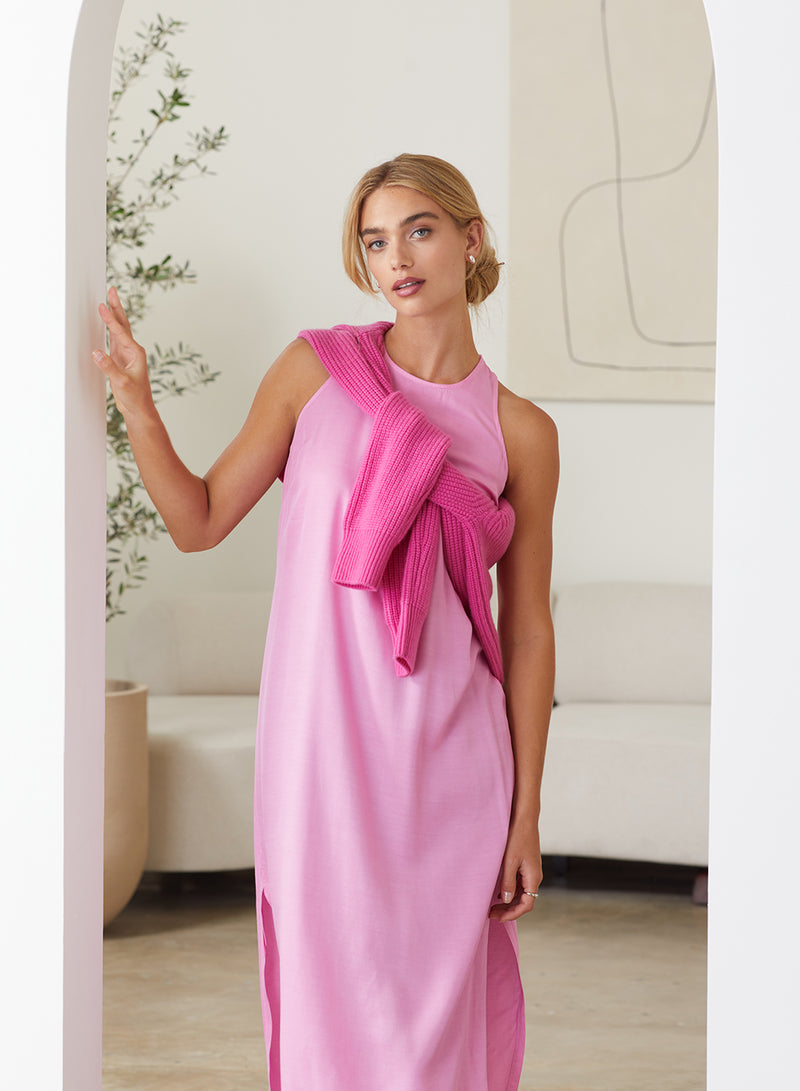 Viscose Satin Twist Back Maxi Dress in Tulip