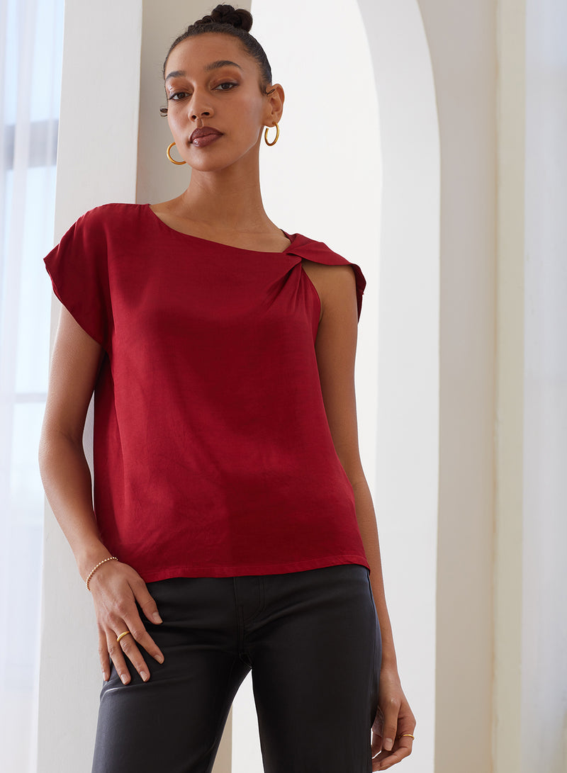 Viscose Satin Shoulder Twist Top in Brick
