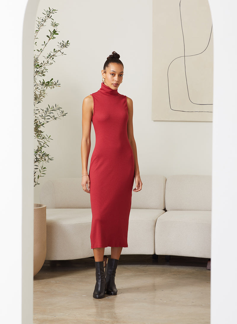 Stateside 2x1 Rib Turtleneck Midi Dress in Brick - front view with boots