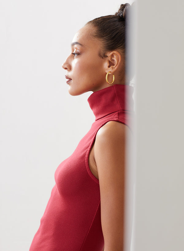 red turtleneck dress - side close up