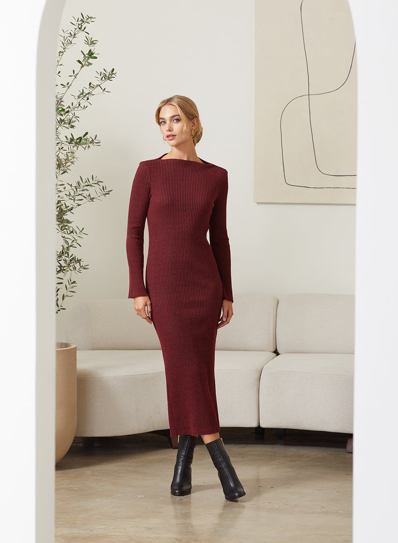 Stateside Double-Faced Rib Midi Dress in Brick - front full length