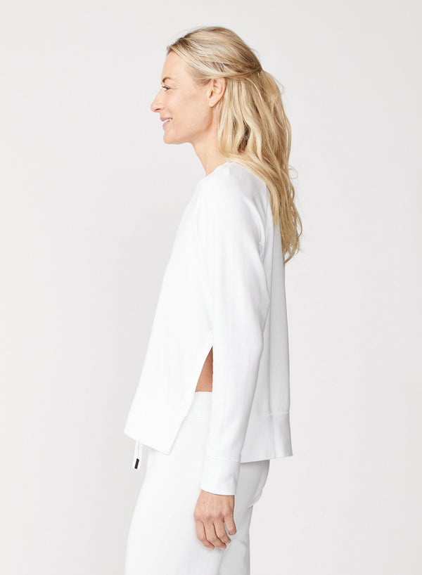 white fleece side slit sweatshirt - left side with slit