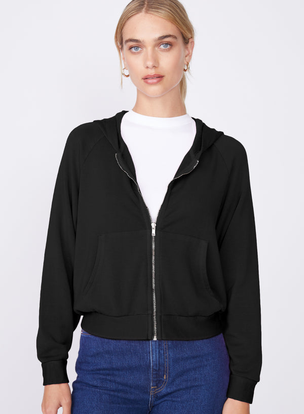 black softest fleece cropped zip hoodie - front with 1/2 zipped