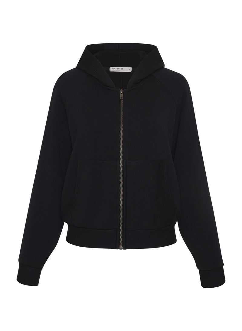 black softest fleece cropped zip hoodie- front