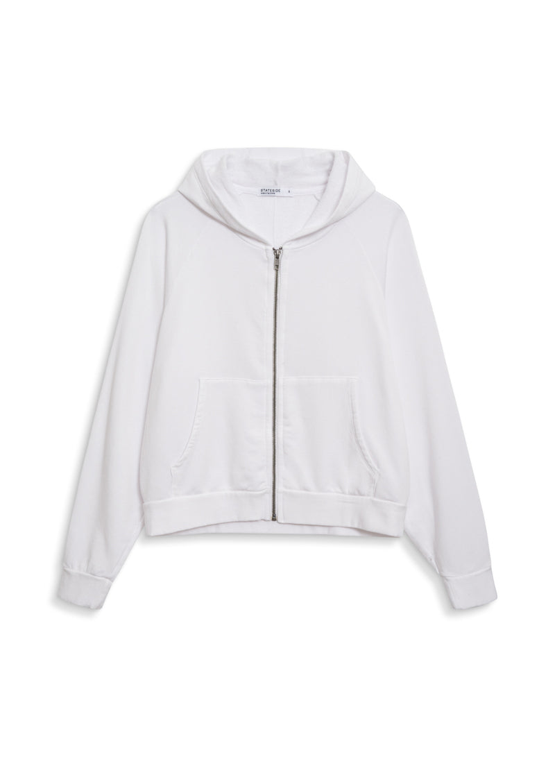 Softest Fleece Cropped Zip-Up Hoodie in White - front zipped