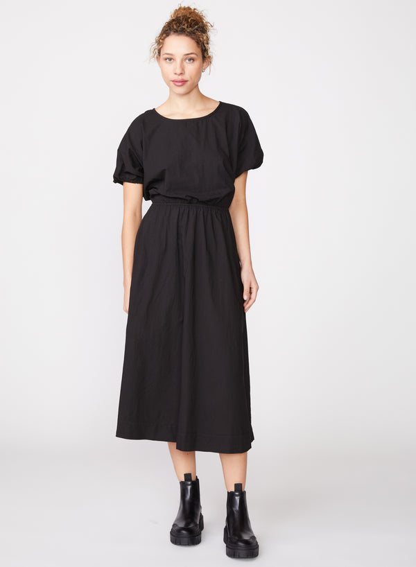 Poplin Short Sleeve Open Back Midi Dress in Black