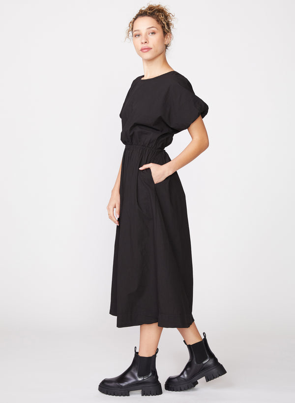Poplin Short Sleeve Open Back Midi Dress in Black