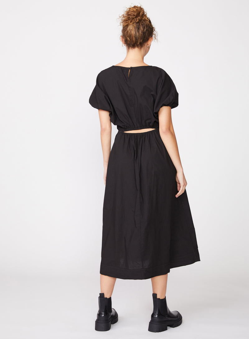Poplin Short Sleeve Open Back Midi Dress in Black